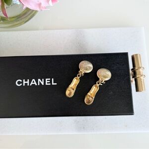 Chanel Vintage Gold Loafer Shoe Clip On Earrings Rare CC